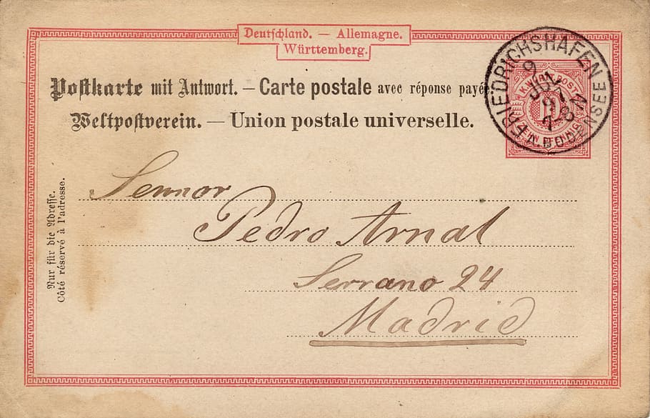 papel marrón, postal, viejo, nostalgia, Alemania, sello, 1897, fuente, licencia, texto