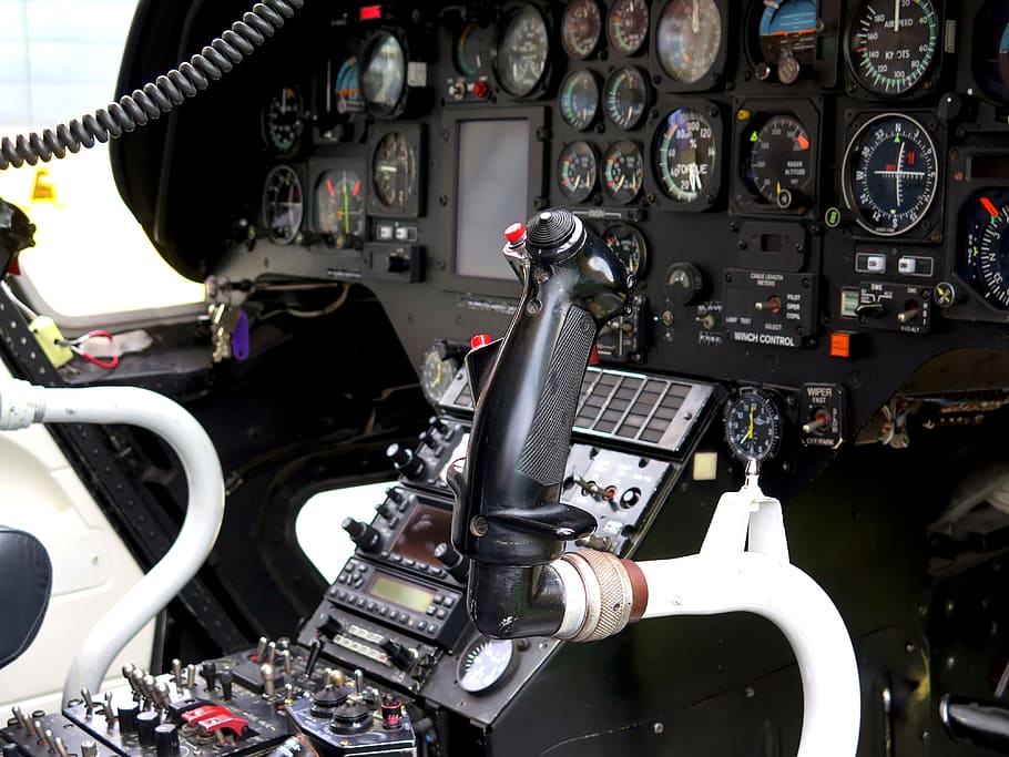 negro, blanco, controlador, rodeado, analógico, indicadores, cabina, helicóptero, control, palanca de control