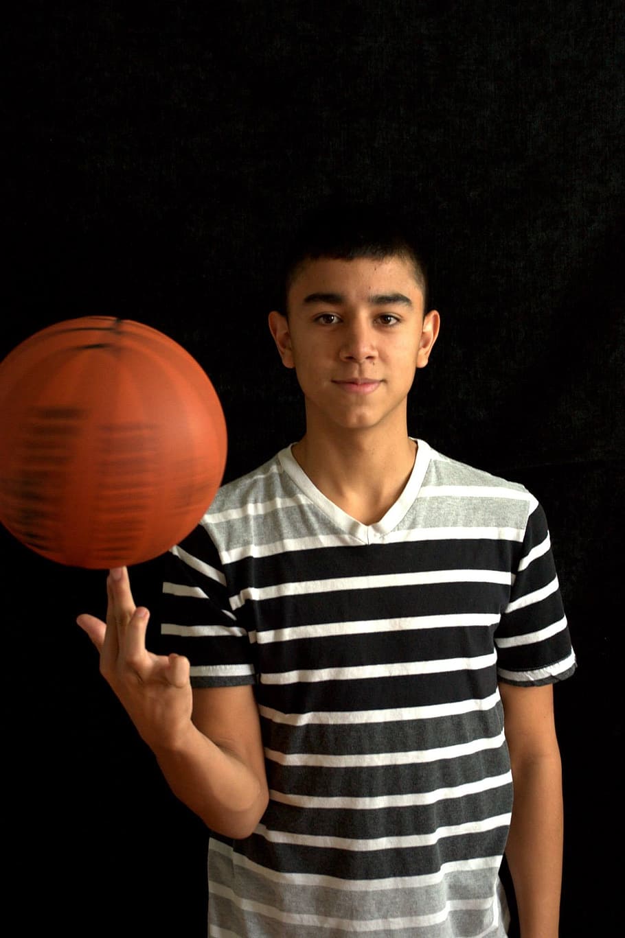 man, wearing, black, white, gray, striped, v-neck t-shirt, basketball, young, teenager