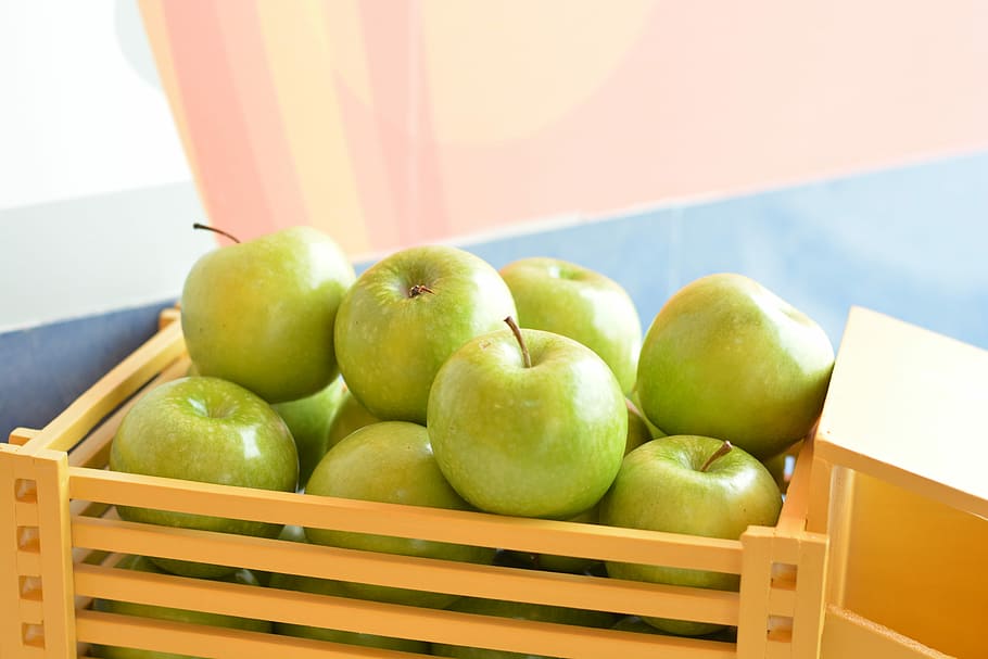 Manzanas, verde, caja, fruta, saludable, alimentación saludable, comida y bebida, cesta, comida, frescura