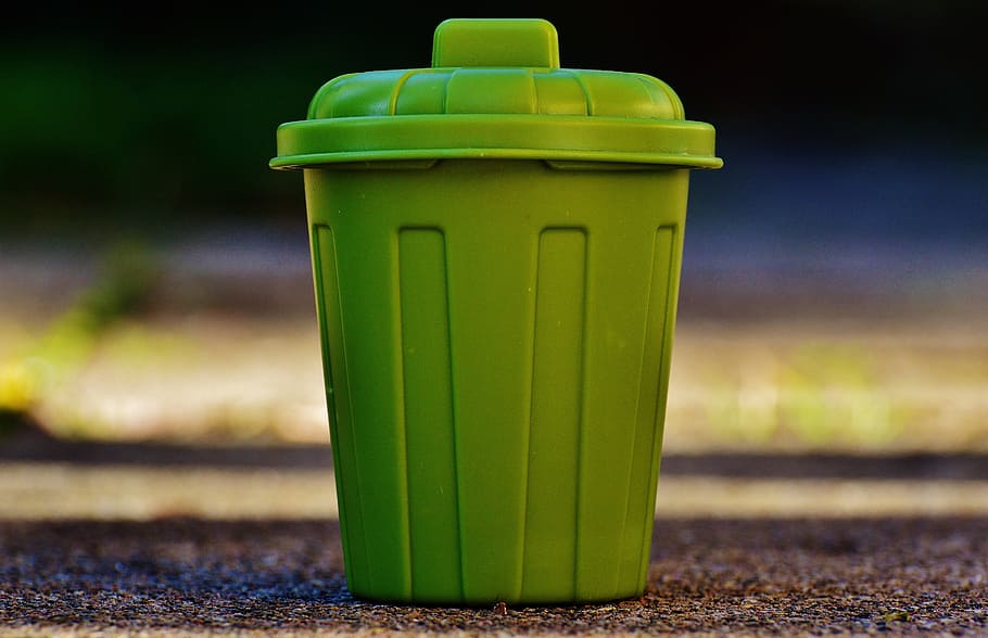 selective, focus photography, green, plastic container, brown, surface, garbage can, garbage, bucket, waste bins