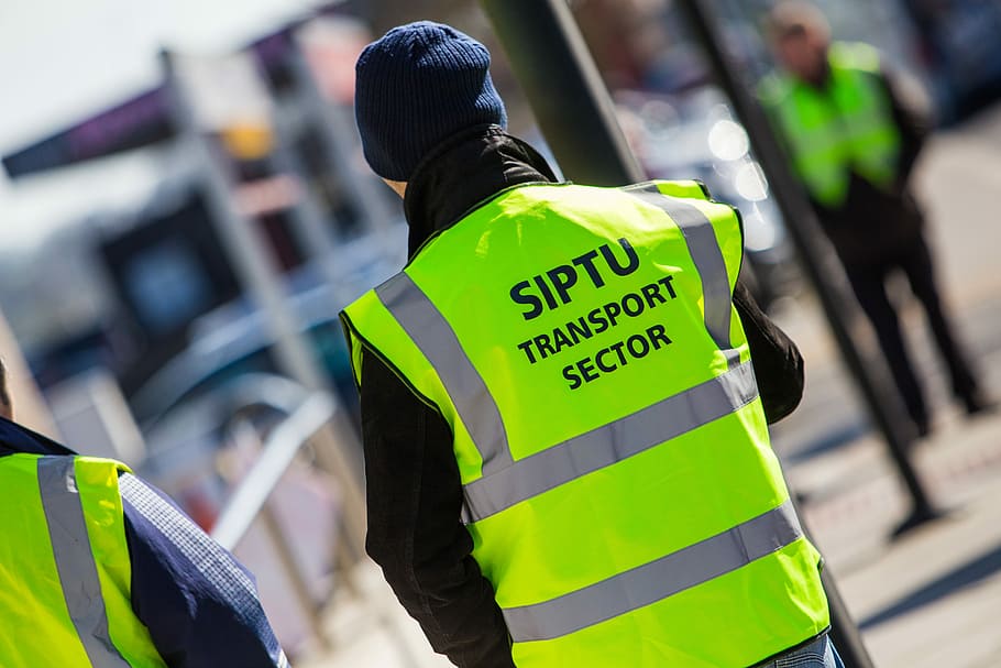 Siptu, Workers, Bus Eireann, police force, selective focus, crime, law, day, close-up, safety