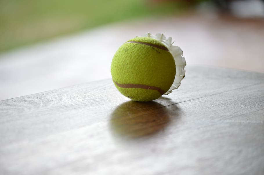 tennis ball, ball, table, wood, tennis, sport, green color, close-up, selective focus, court