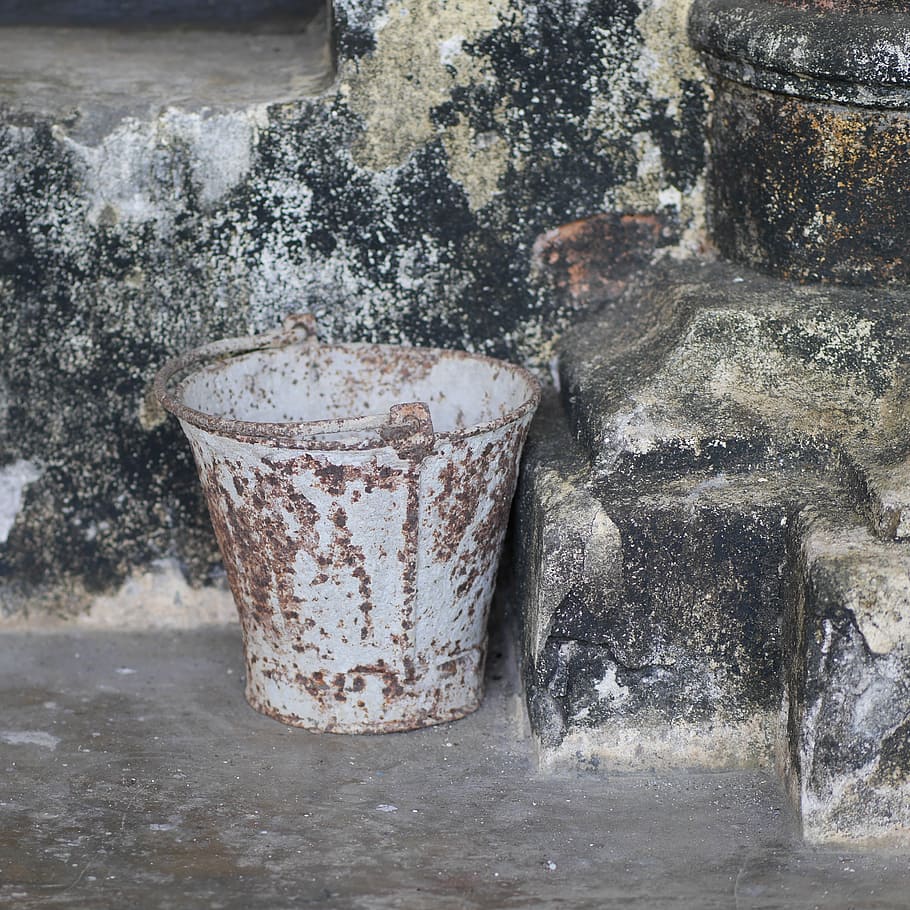 bucket, stainless, rusty, temple, old, rusted, burma, myanmar, wall - building feature, close-up