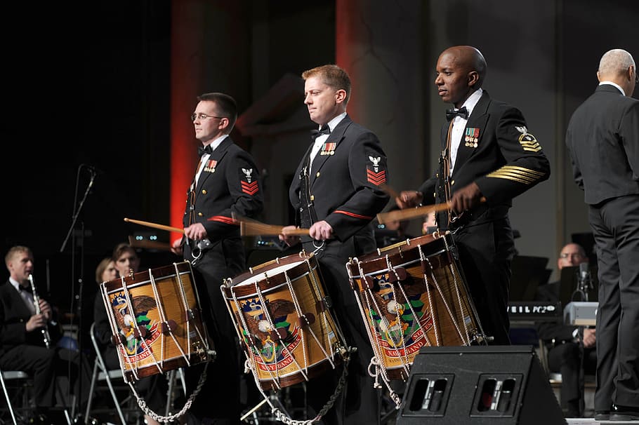 three, men plating drums, drummers, musicians, performance, military, navy, usa, playing, entertainment