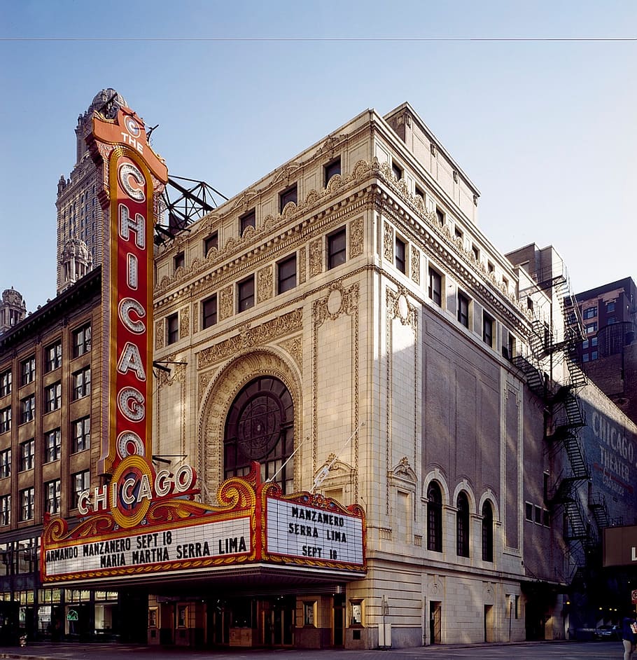 white, concrete, building, daytime, chicago theatre, landmark, chicago, city, cities, urban