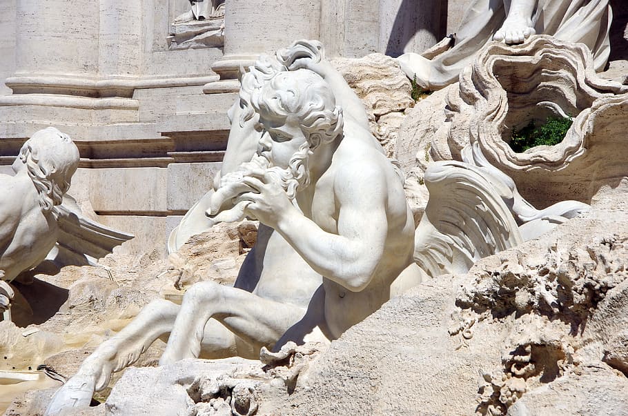 person, riding, horse statue, Italy, Rome, Trevi Fountain, fountain, water, statues, sculptures