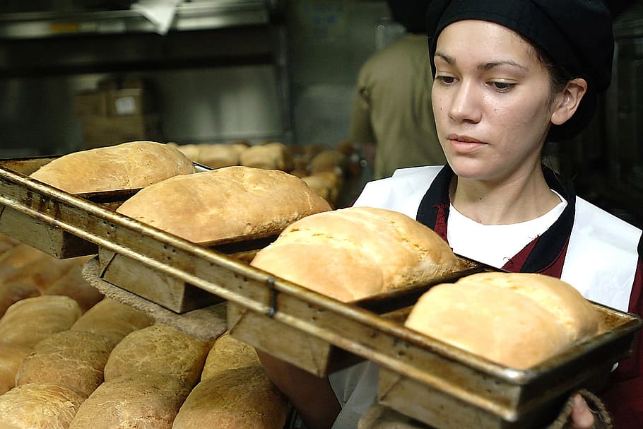 woman, carrying, tray, baked, breads, baker, baking, bread, cook, food