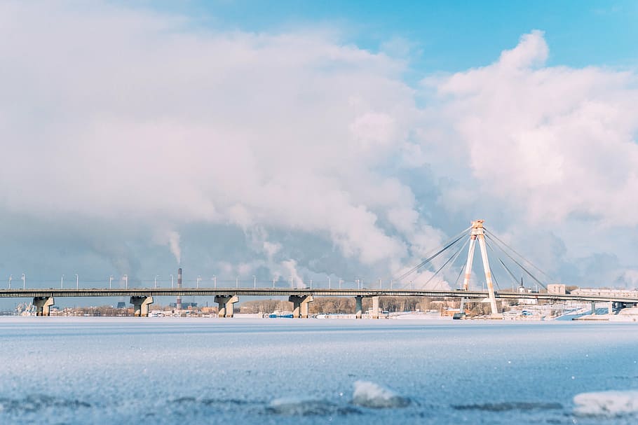 gray, concrete, bridge, daytime, top, ground, covered, snow, sea, ocean
