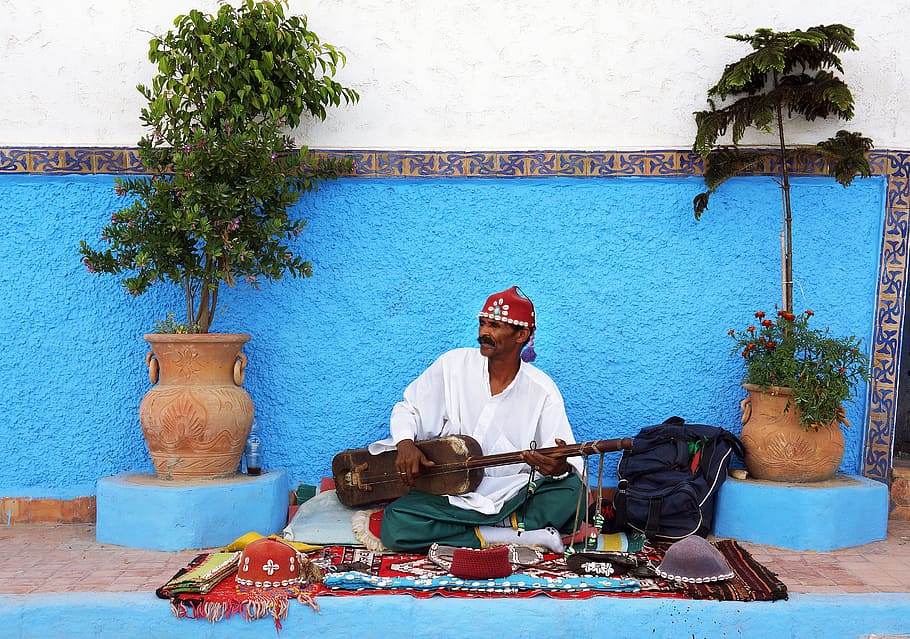 marroquí, calle, intérprete, gnawa guinbri, santir, musical, instrumento, turista, atracción, marruecos