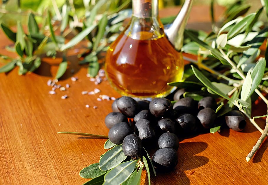 glass, oil, black, fruits, brown, wooden, table, olives, black olives, drupe