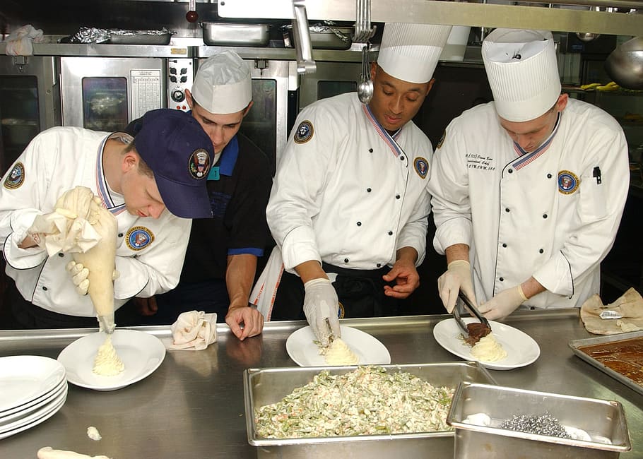 four, male, chefs baking, inside, kitchen, culinary, cooks, helpers, preparing, food