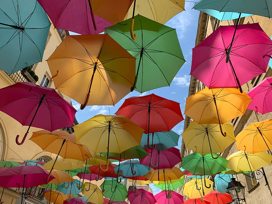 color, paraguas, calle, cielo, colorido, flotante, brillante, patrón, fuera de, multicolor