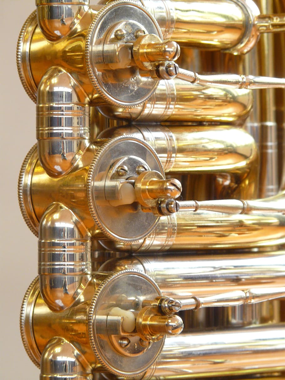 rotary valves, tuba, valves, stimmzug, brass instrument, instrument, gloss, gold, play, blow