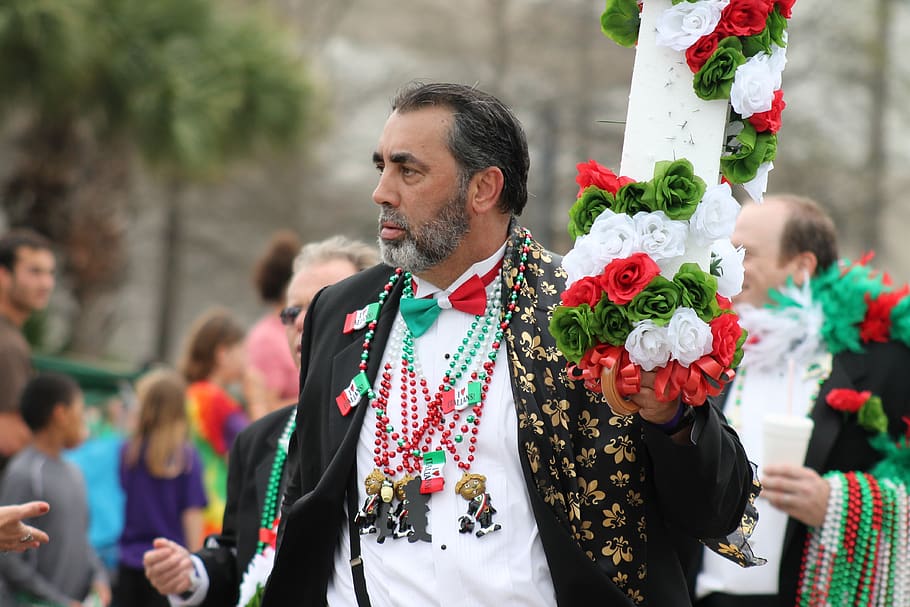 man, parade, irish parade, louisiana, flowers, festival, colorful, men, focus on foreground, real people