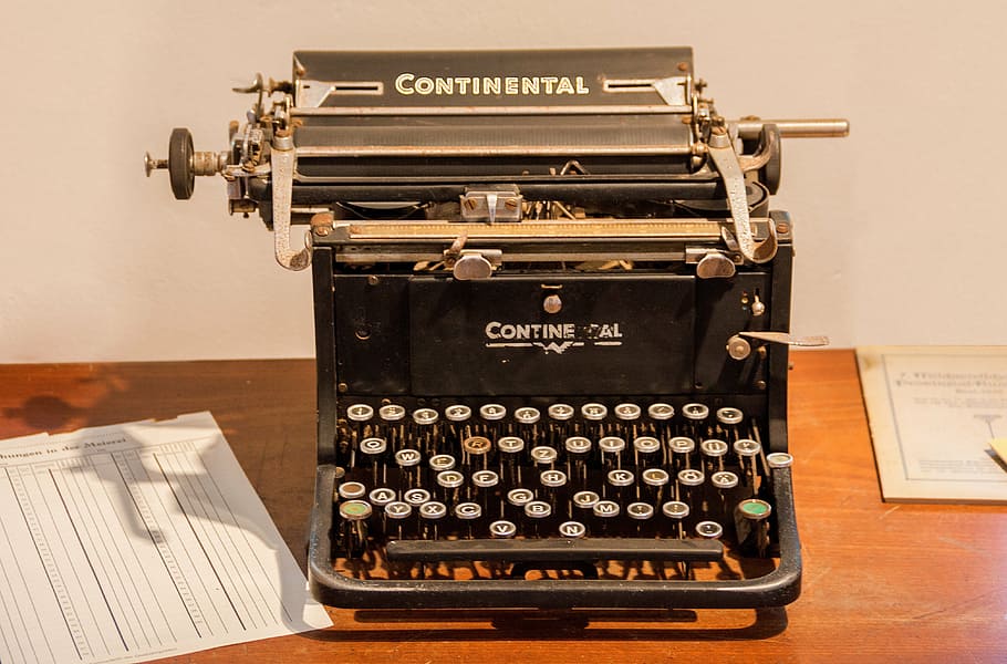 black, gray, continental, typewriter, scheib machine, tap, leave, old typewriter, input, keys