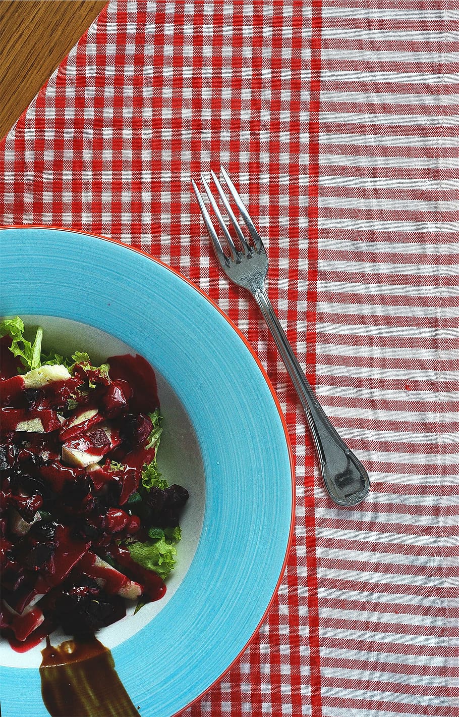 stainless, steel fork, plate, steel, fork, salad, lettuce, food, healthy, table cloth