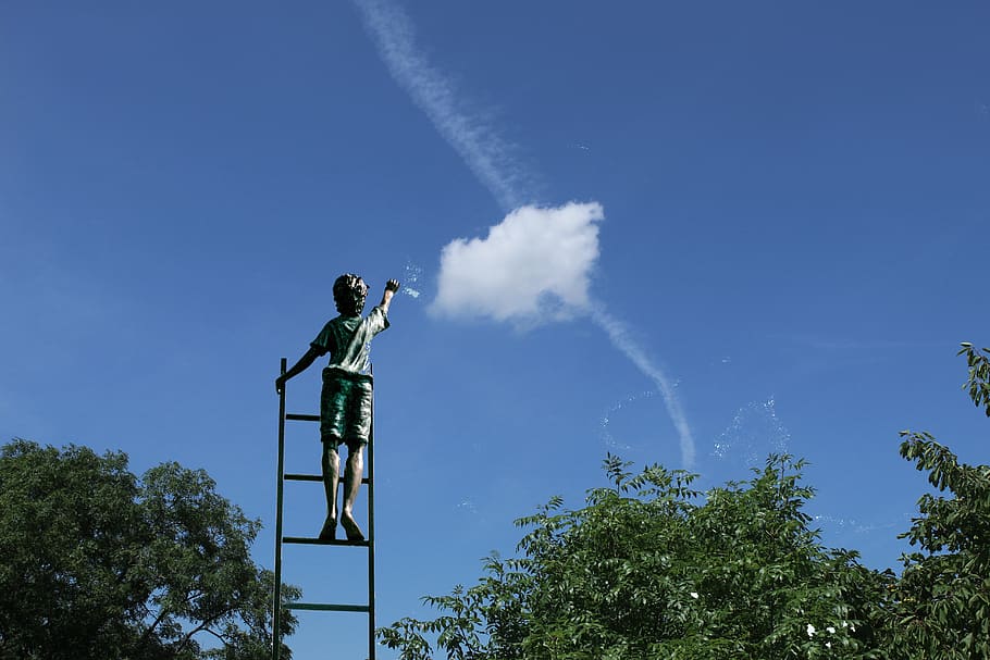 boy, reaching, young boy, child, ladders, steps, sky, clouds, trees, artwork