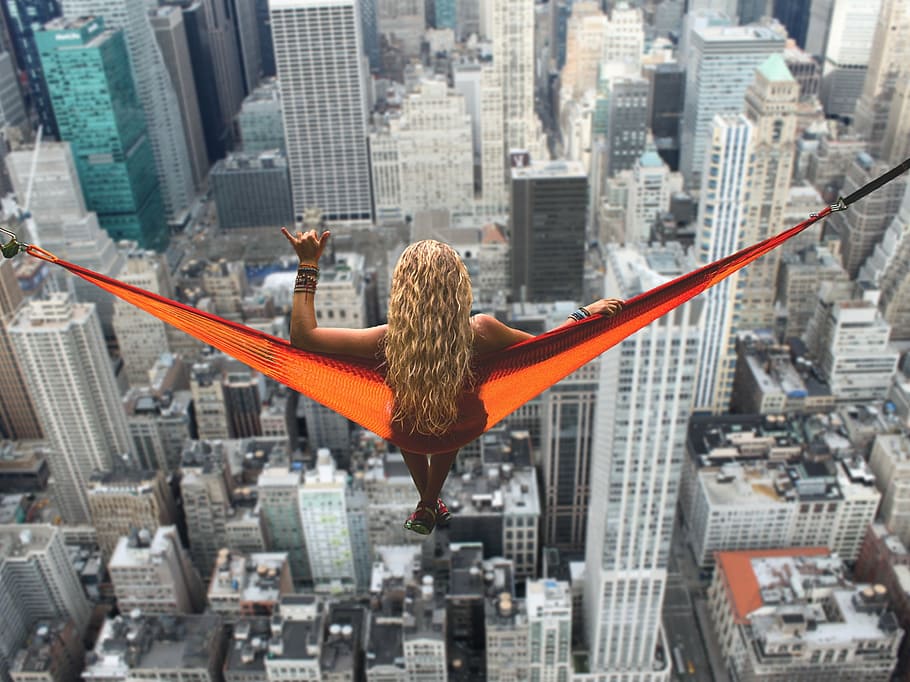 woman, orange, hammock, top, high-rise, building, new york, relaxation, relax, view