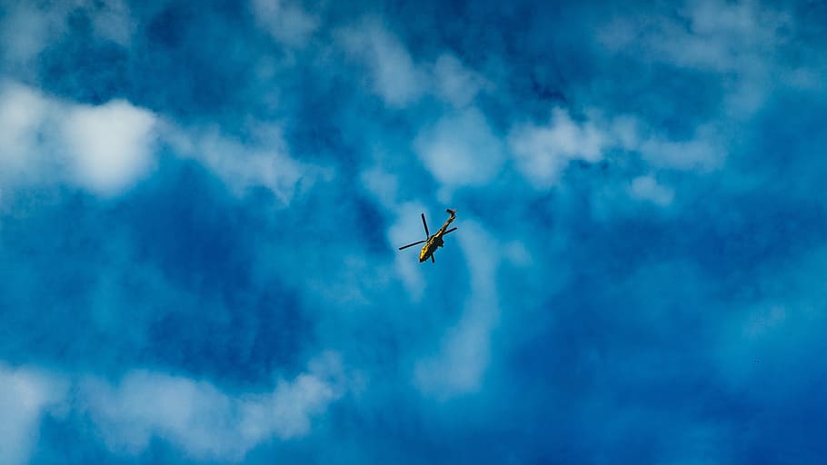helicopter, flying, clouds, aircraft, flight, travel, trip, blue, sky, air Vehicle