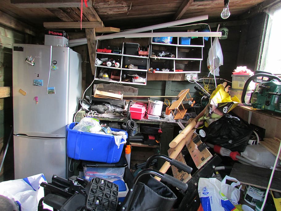 blue, plastic storage box, white, bottom, mount, refrigerator, clutter, mess, untidy, garden shed