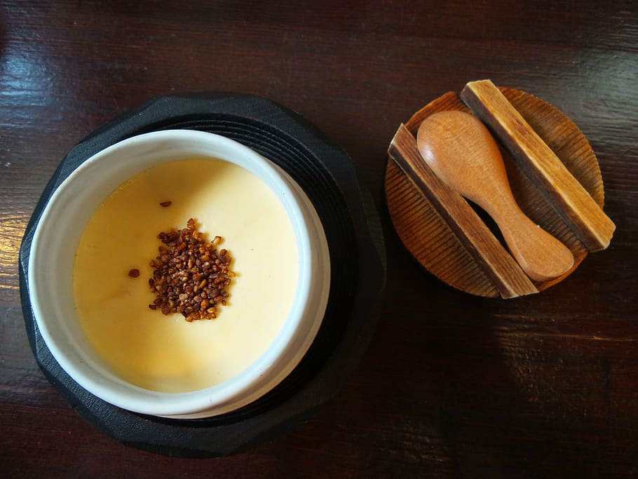 japan, soy, pudding, traditional, spoon, food and drink, food, freshness, directly above, bowl