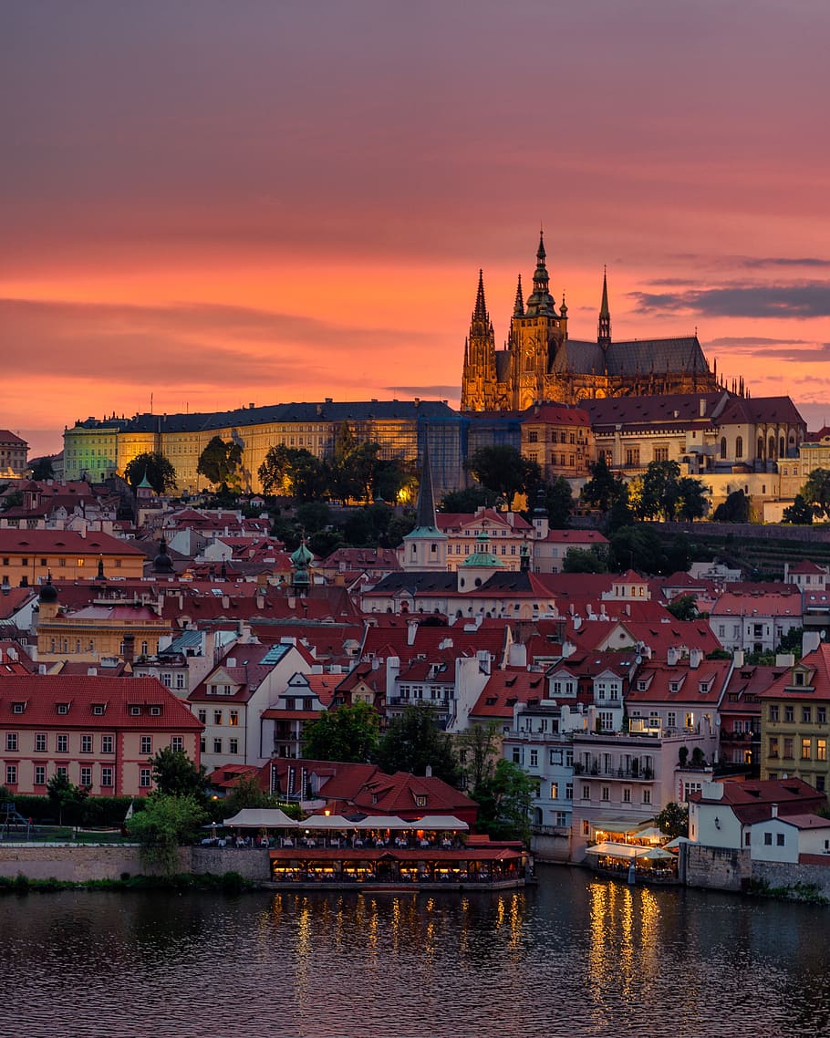 prague, cathedral, gothic, church, czech, castle, travel, medieval, sky, sunset