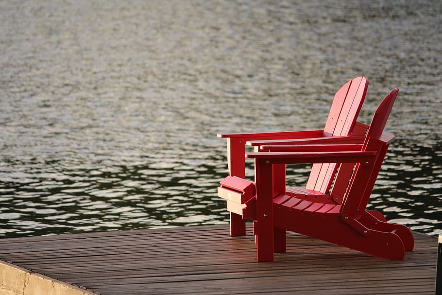 two, red, wooden, armchairs, gray, surface, body, water, adirondack, chairs