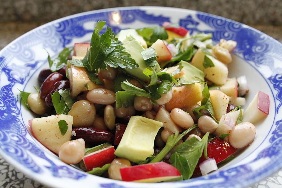 fruit salad, round, blue, white, plate, healthy, bean salad, avocado salad, healthy eating, food