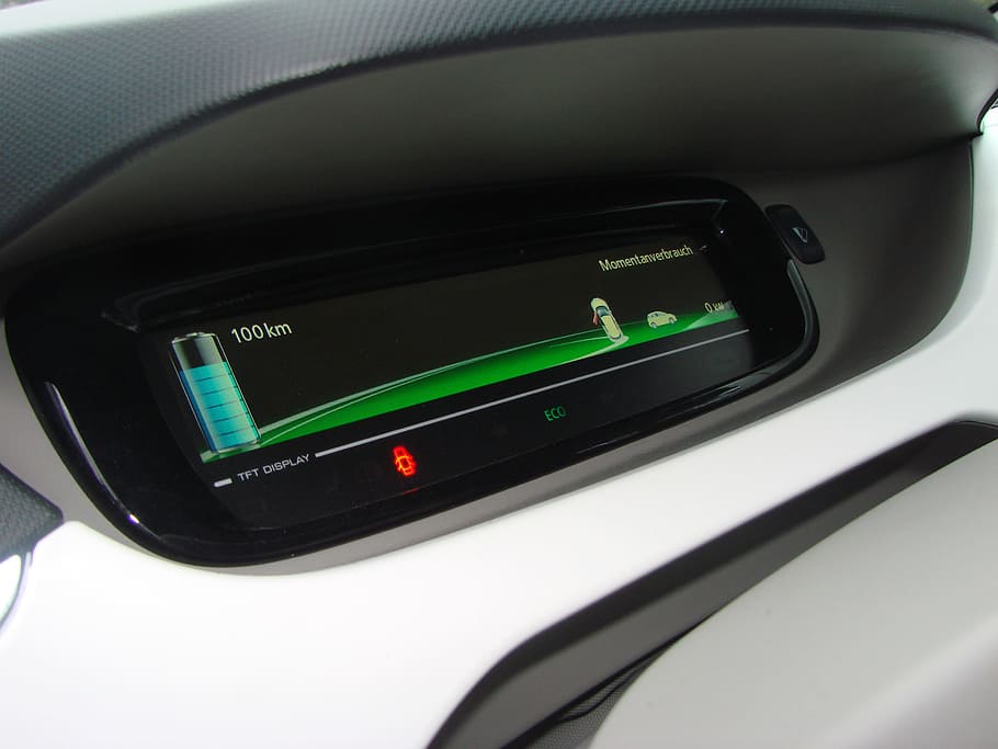 preto, digital, velocímetro, mostrando, 100 km, carro elétrico, Speedo, exibir, Renault, energia