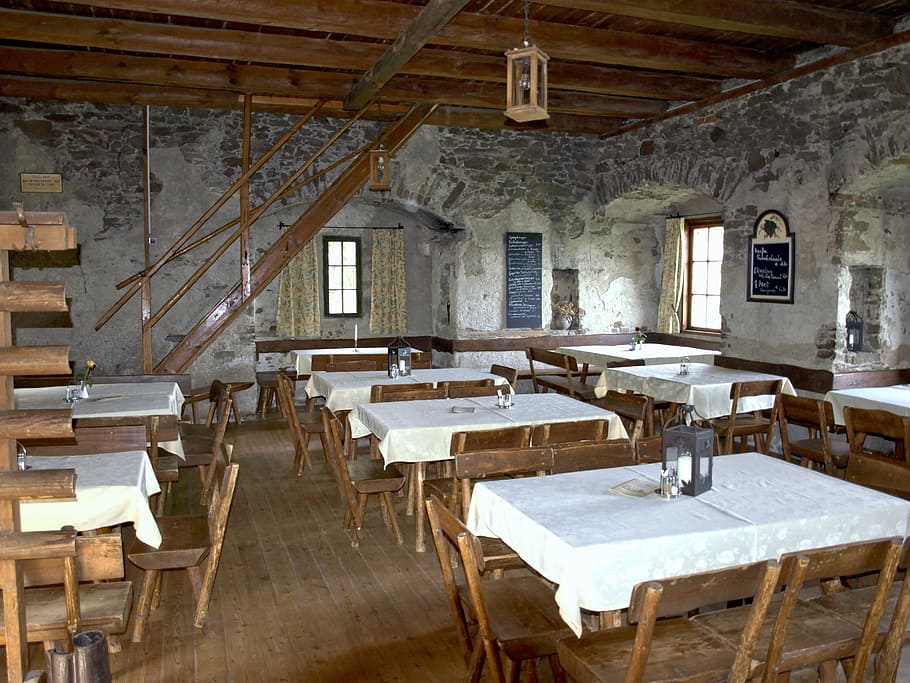 table cloths, tables, burgruine aggstein, aggstein, germany, café, restaurant, service, inside, indoor