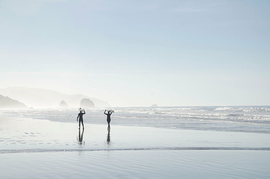 dois, pessoas, caminhar, beira-mar, carregar, pranchas de surf, pessoa, molhado, praia, areia