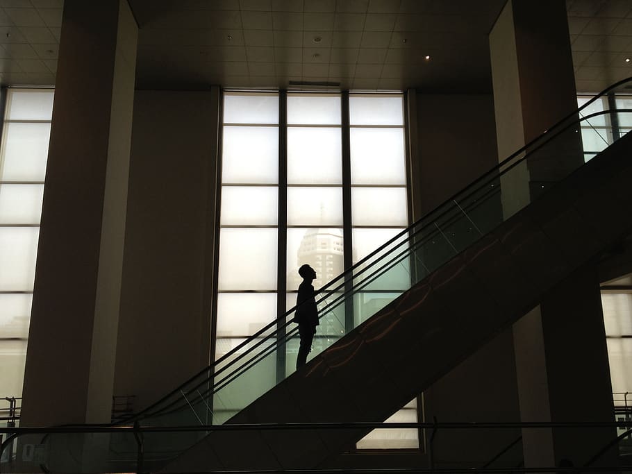 stairway, stair, man, male, silhoutte, light, architecture, built structure, standing, one person