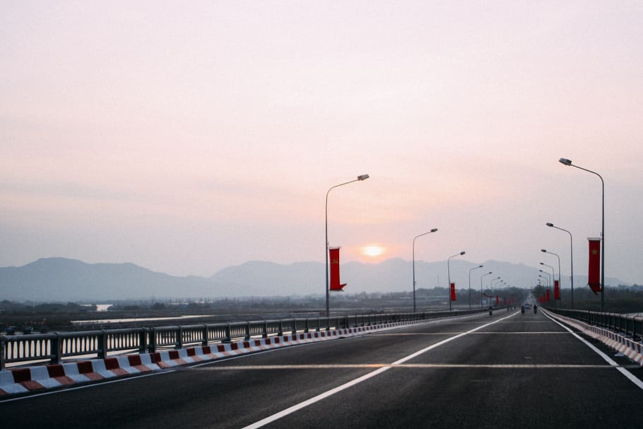 bridge, sunset, mountain, landscape, phu yen, vietnam, road, transportation, street, sky