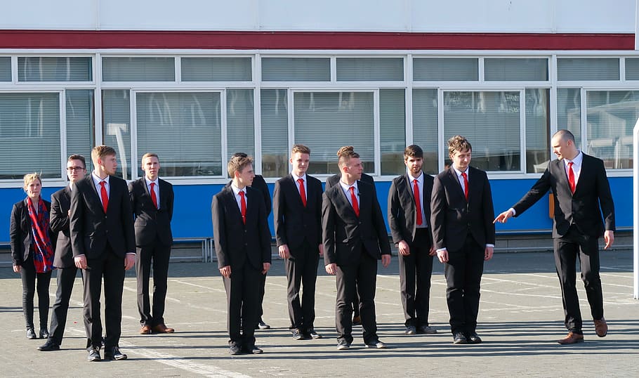 school, students, safety, open door, young, male, suit, red tie, group of people, men