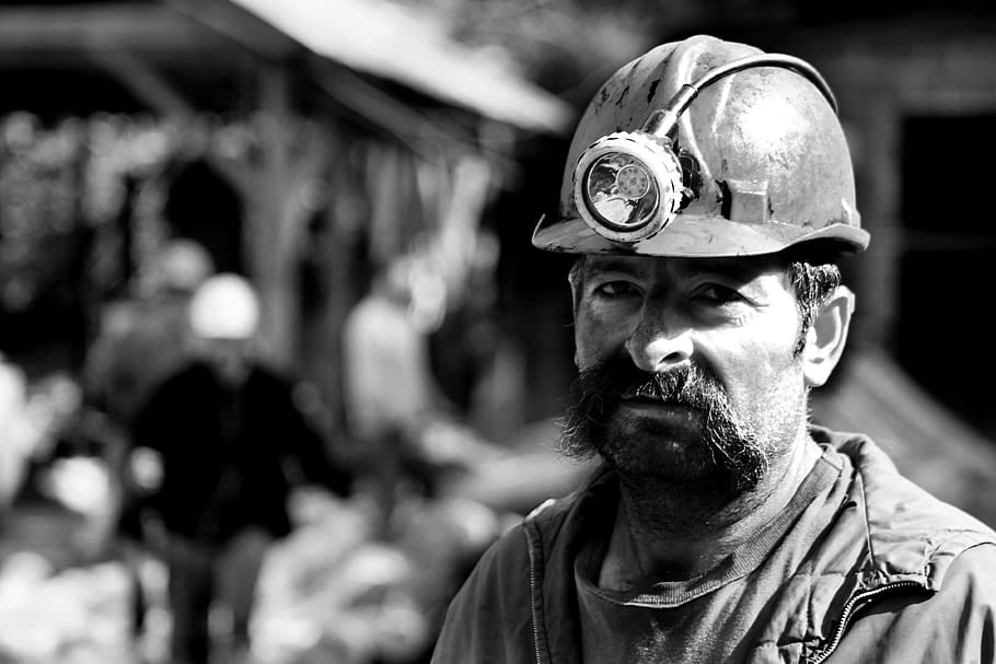 grayscale photography, man, wearing, hard, helmet, miner, helmets, coal, overview, portrait