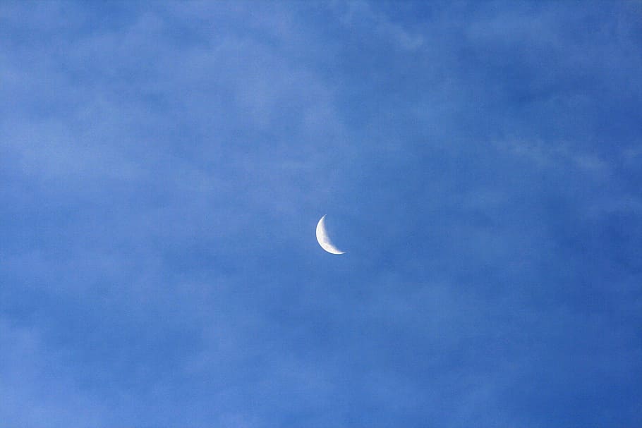 crescent moon, moon, crescent, sliver, orbital, light, sky, blue, bright, cloud