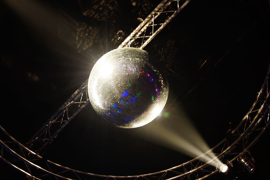 disco ball, ceiling, light, technology, mirror ball, lighting, spotlight, event, sphere, night
