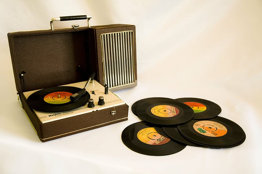brown, turntable, vinyl records, record, stone plaque, antique, nostalgia, old, gramophone, music