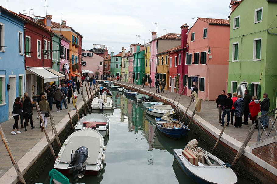 houses, channel, burano, venice, veneto, italy, tourism, colors, boats, holidays