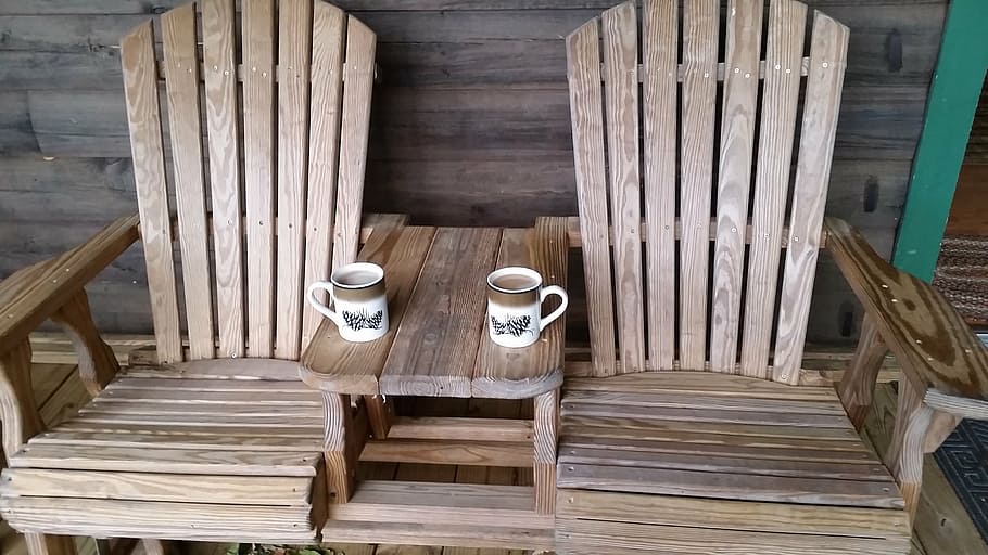 two, brown, wooden, adirondack chairs, mountains, coffee, deck, chairs, relax, cup