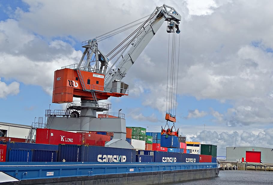 blue, red, intermodal, container, ship, daytime, port, crane, boat ship, load