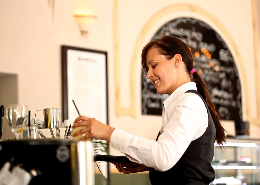 woman, black, white, long-sleeved, top, holding, glass, Waitress, Waiter, Restaurant