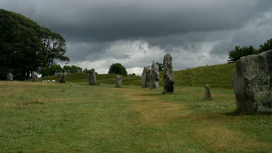 rochas, forrado, campo de grama, pedra, círculo, Avebury, Inglaterra, celtas, druida, monumento
