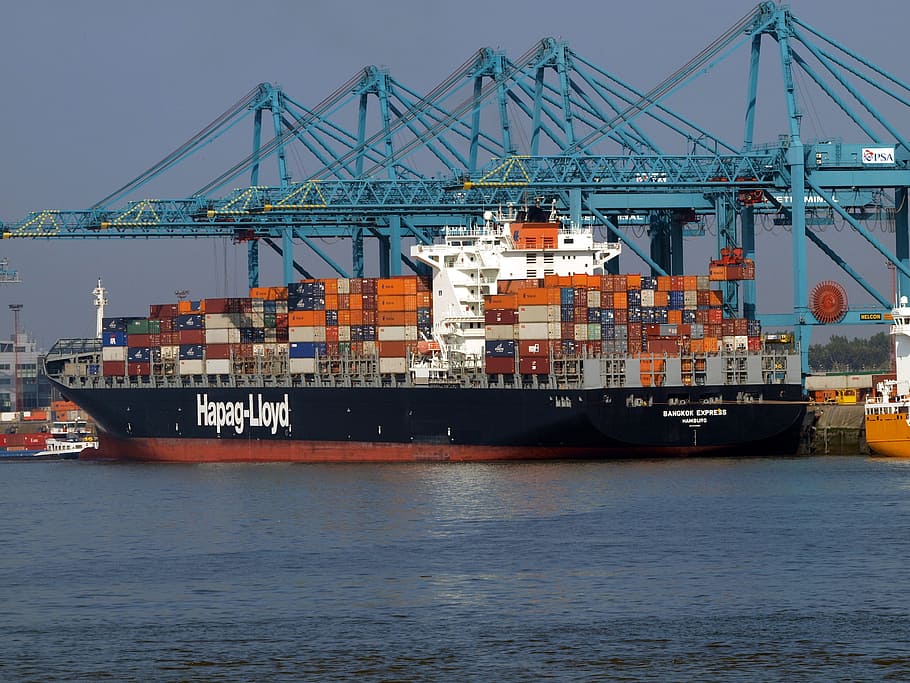 negro, naranja, buque de carga, atracado, azul, muelle, barco, carguero, Bangkok, expreso