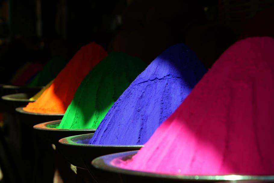 assorted-color powders, color, colored powder india, holipulver, colorful, blue, cultures, asia, multi colored, close-up
