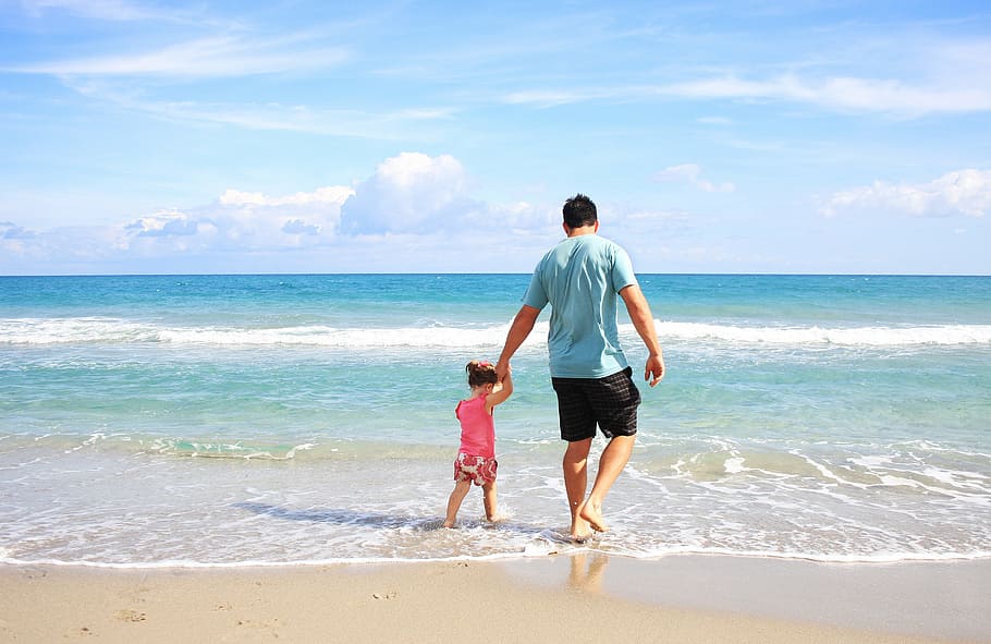 man, holding, girl, seashore, father, daughter, beach, sea, family, daddy