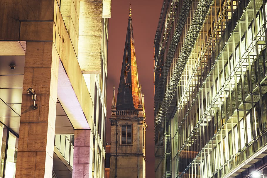 church spire, surrounded, modern, buildings, spire, London, architecture, new York City, urban Scene, building Exterior