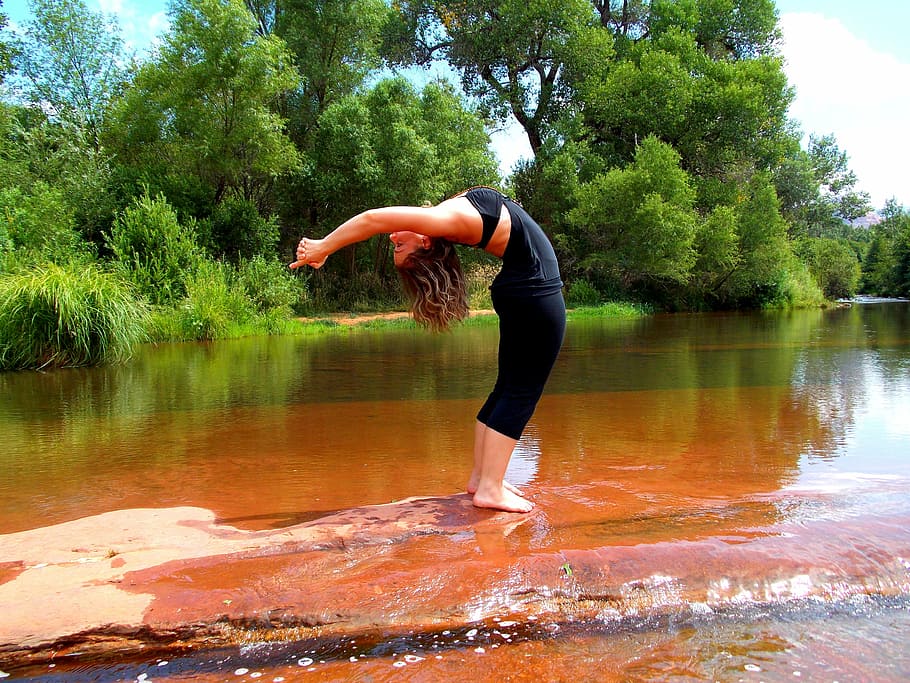 woman, standing, ground, bending, body, surrounded, water, yoga, backbend, nature