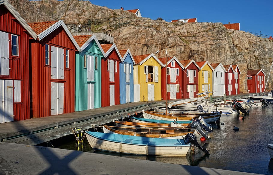 swedia, smögen, bangunan, memancing, perahu, port, teluk, warna warni, pariwisata, skärgårdshus